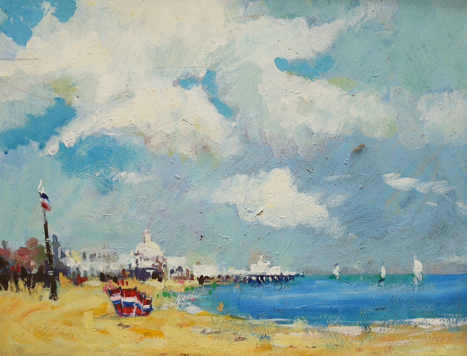 Modern British, oil on board, Beach scene with pier in the distance, 39 x 50cm